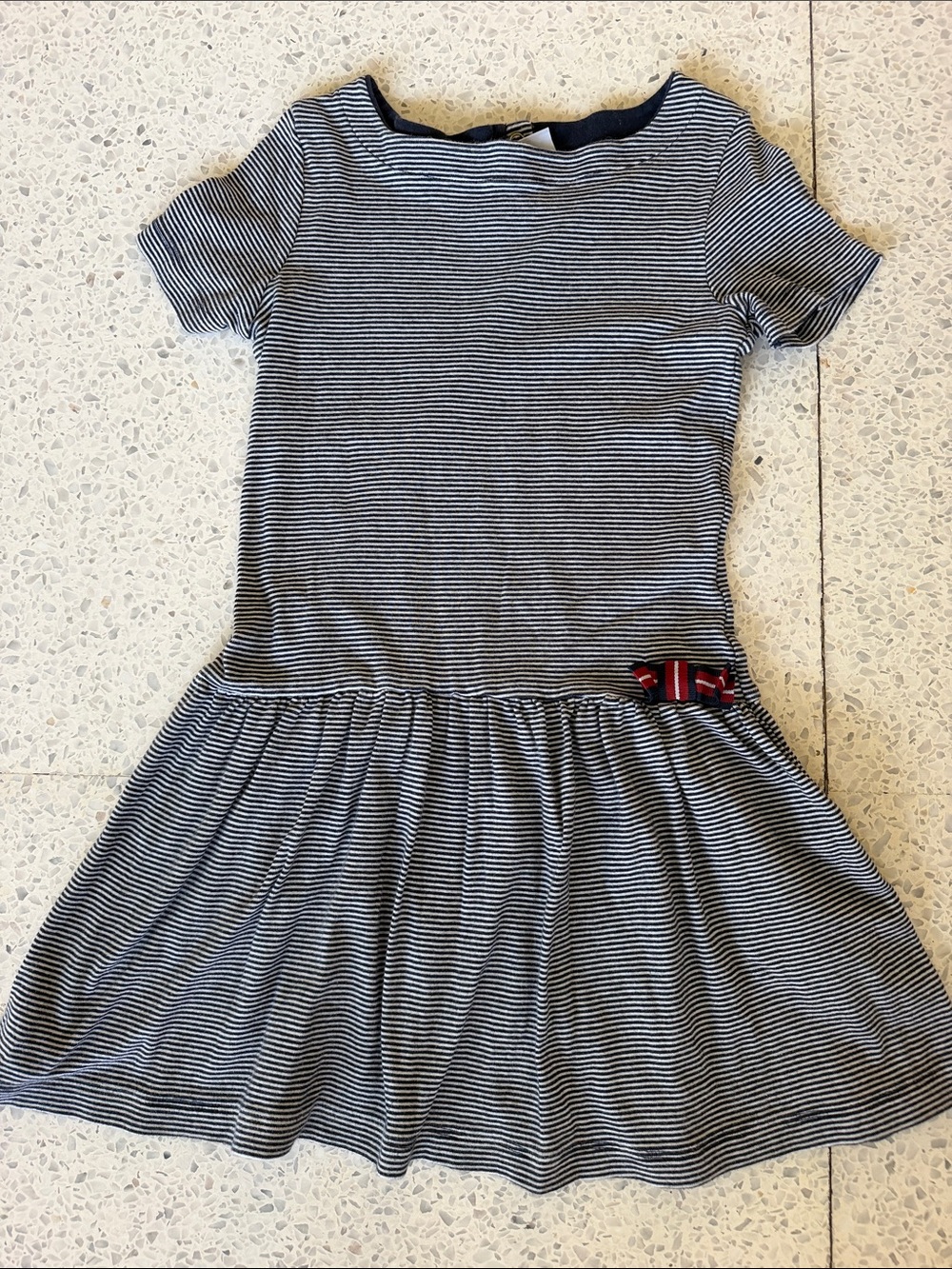 Petit Bateau Navy and White Striped Dress with Red Bow